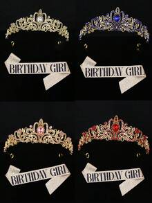 1 Set Minimalist Fashion Women's Birthday Crown Outfit, Zinc Alloy Crown, Birthday Girl Shoulder Strap, Birthday Party Princess Costume Set - Gold - View 1