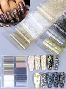 10卷/盒金属波西米亚指甲转印箔烫金银玫瑰金白黑蕾丝曼陀罗花蝴蝶图案星空纸贴纸贴花DIY奢华全息Y2K沙龙美甲设计美甲装饰配件美甲用品 - 彩色 - 查看 11