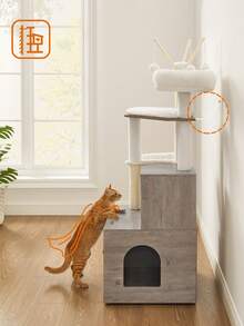Feandrea WoodyWonders Cat Tree With Litter Box Enclosure, 2-In-1 Modern Cat Tower, Cat Condo With Scratching Posts, Removable Pompom Sticks, Washable Cushions, Greige - Light Grey - View 8