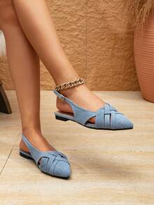 Women's Pointed Toe Slip-On Sandals, Versatile French Style Suitable For Dresses, European & American Hollow Flat Low Heel Blue Sandals, Spring/Summer