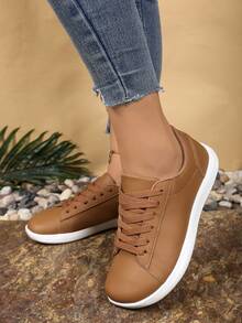 Women's Plus Size Wide Toe Box Minimalist Synthetic Leather Patchwork Lace-Up Barefoot Sneakers For Outdoor Sports - Brown - View 6