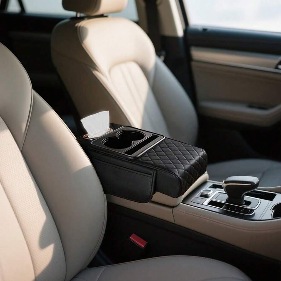 1 件汽车扶手箱延长器，带双杯架、储物盒和纸巾盒，4 合 1 多功能汽车收纳盒（附带 1 包纸巾） - 均碼 - 查看 1