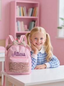 Personalized Girls Backpack With Bow - Custom Embroidered Name Pink School Bag, Lightweight Bookbag For Teens & Kids | Cute Gift For Back To School, Birthday, Christmas (Travel, Hiking, Daily Use),Multi-Functional,Ornamental,Letter,Stylish,Modern,Colorful,Cute,Adorable,Casual,Custom,Personalised,Unique,Customized,Ideal Gifts For Him,Ideal Gifts For Her,Christmas Gift Supplies - Pink - View 3