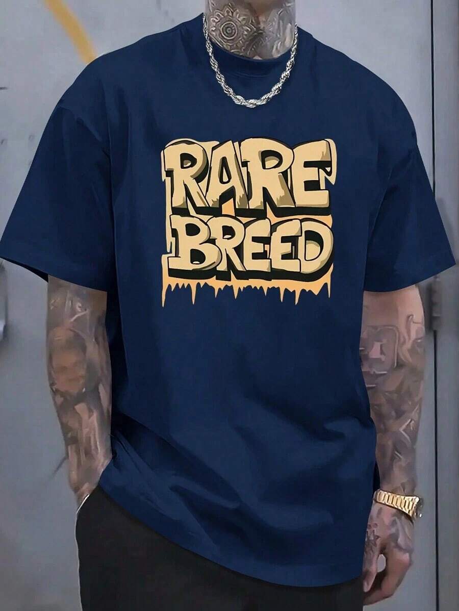 (220 Cotton-Shirt)   Men's Summer Round Neck Short Sleeved Casual Cotton  Interesting LettersComfortable Cotton - 藏蓝色 - 查看 1