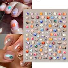 Planet Fantasy Glossy 3D Cartoon Nail Art Stickers, Waterproof Polyurethane Self-Adhesive Nail Decals With Glitter, Round Shape, Single Use, For Plastic Surfaces - 彩色 - 查看 3