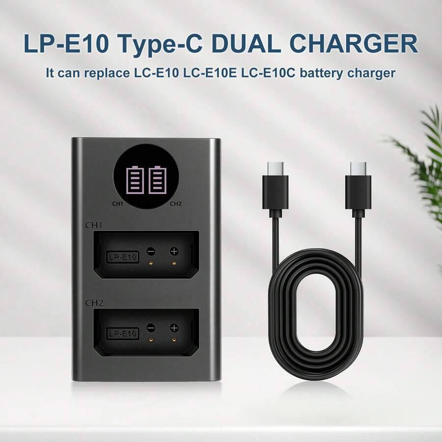 EDEKOY LP-E10 USB双口充电器，兼容佳能EOS Rebel T3、T5、T6、T7、T100、Kiss X50、X70、X80、X90、1100D、1200D、1300D、1500D、2000D、3000D、4000D相机，可替代LC-E10充电器 - 黑色Typec-Typec - 查看 1