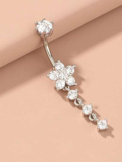 1 st navelring i rostfritt stål med 4-segmentsblomhänge, snöflingeberlock, sexiga långa navelsmycken för kvinnor, vardagsbruk