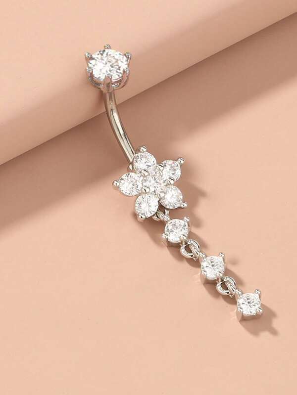 1 Stück Bauchnabelring aus Edelstahl mit 4-teiligem Blumenanhänger, Schneeflocken-Charm, sexy langes Bauchnabelschmuck für Frauen, Alltagsmode
