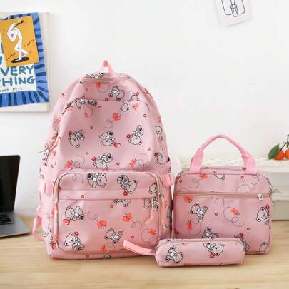 Set de 3 mochilas con estampado de oso lindo, versátil y de moda para mujeres para uso al aire libre y de compras