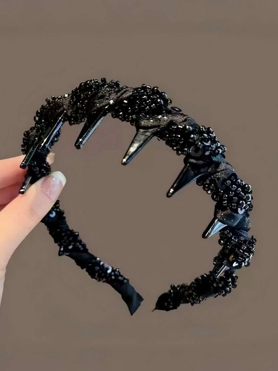 1件裝奢華手工串珠網格波浪髮箍 高頂髮圈 防滑洗臉美容居家用髮飾 - 黑色 - 查看 1