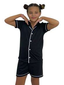 Pijama Mae e Filha Americano Blusa com Gola e Short - Preto e Branco - Visão 5