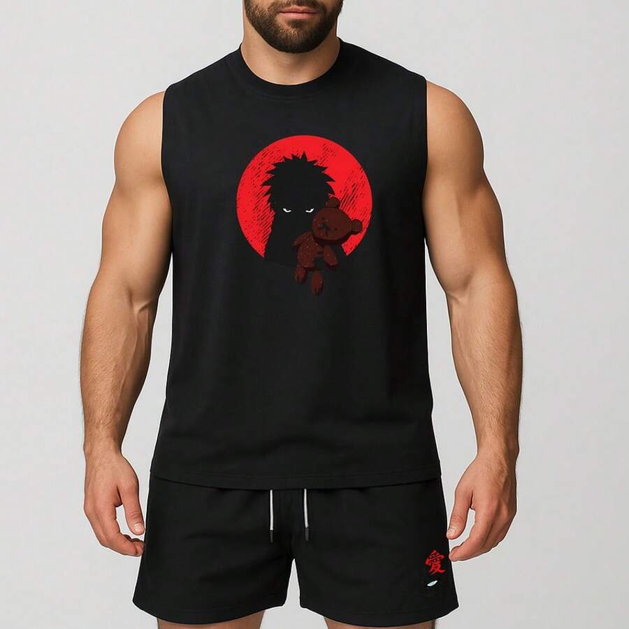 conjunto regata oversized e short de tactel de academia másculino estampada gaara com urso - preto/preto - Visão 1