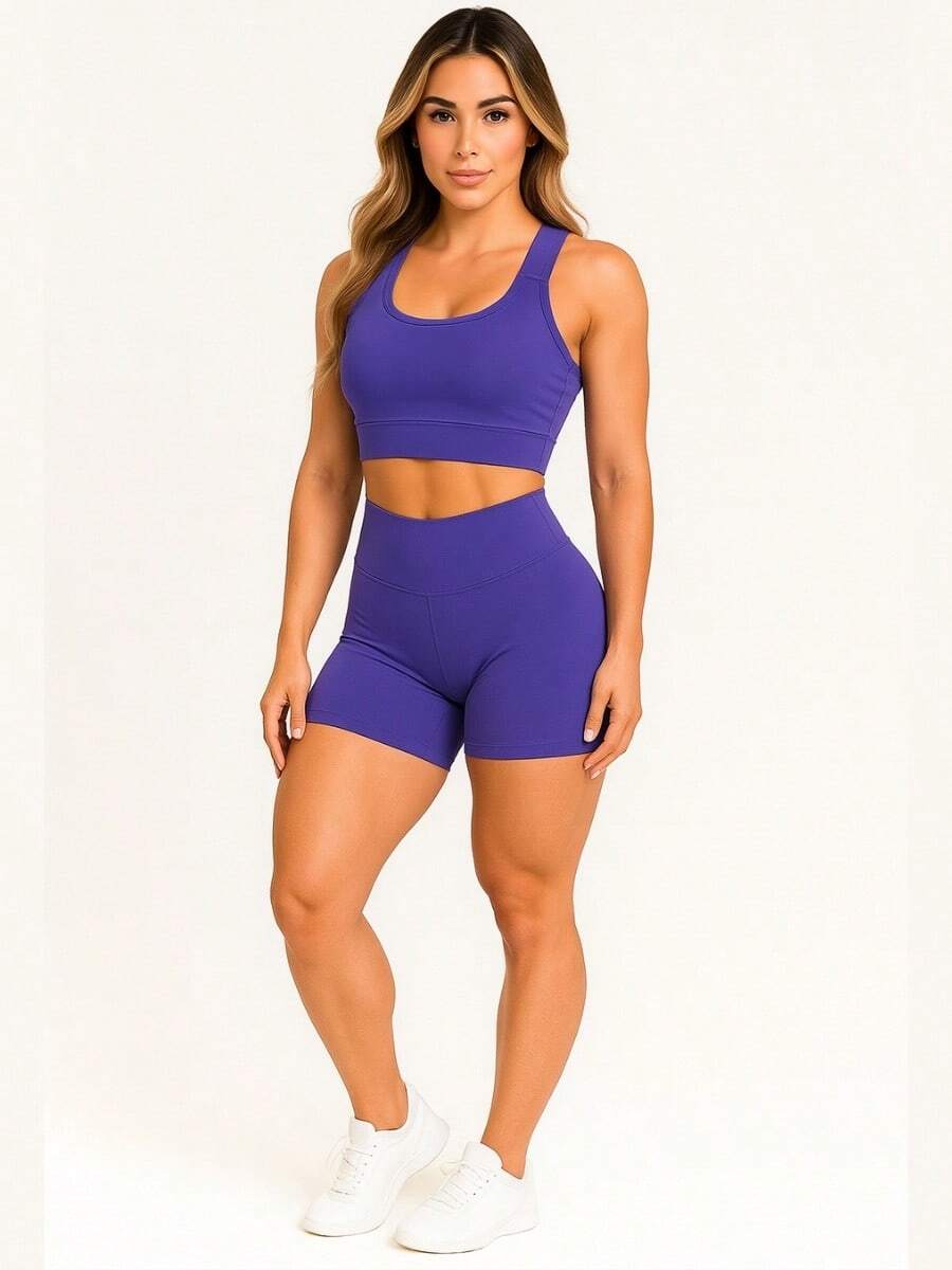 AKORIO MODAS Women's Fitness Fashion Top And Short Set Yoga Running A11 - 藍色 - 查看 1