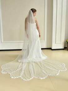 1 件长款新娘面纱带发梳，不对称叶子刺绣装饰，简约百搭，适合婚纱，纯色休闲尼龙材质女士秋装