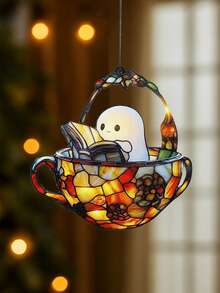 1pc Acrylic Ghost Decor, Cute Ghost Reading Figurine, Tea Cup Ghost Window Decor, Book Lover Gift, Spooky Bathroom Decoration (Please Remove The Protective Film Before Use, This Product Is Made Of Acrylic, Not Glass) - Multicolor - View 5