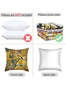 1件复古中式枕套，涤纶面料，拉链封口，可机洗，提花图案，色彩鲜艳，饰有花鸟图案，适合家居和办公室装饰靠垫（不含枕芯），无刺绣。 - 金色 - 查看 4