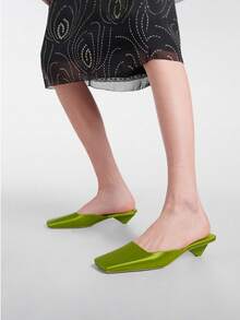 Stain Mules Slingback Pumps For Women Closed Square Toe Kitten Heel Slip On Slides Sandals Luxury Elegant Fashion Shoes - 綠色 - 查看 3