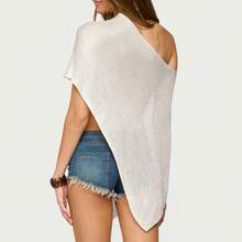 Women's Sheer One Shoulder Asymmetrical Knit Poncho Short Sleeve Solid Color Crop Top Streetwear - trắng - Xem 3