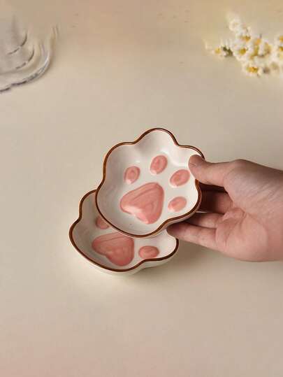 1/2/4pcs Japanese Cat Paw Shaped Sauce Dishes, Cute Ins Style Ceramic Small Plates For Home Use, Adorable Cartoon Creative Dishes, Pet Food & Water Bowls, Ceramic Tableware
