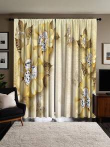 2pcs Elegant Yellow Floral High Definition Digital Print Curtains, Semi-Sheer Polyester Fabric With Rod Pocket Design - Suitable For Living Room, Bedroom, Kitchen, Cafe, Adding Style (Print Effect, No Valance) Single Layer Digital Print Curtain - Multicolor 1 - View 6