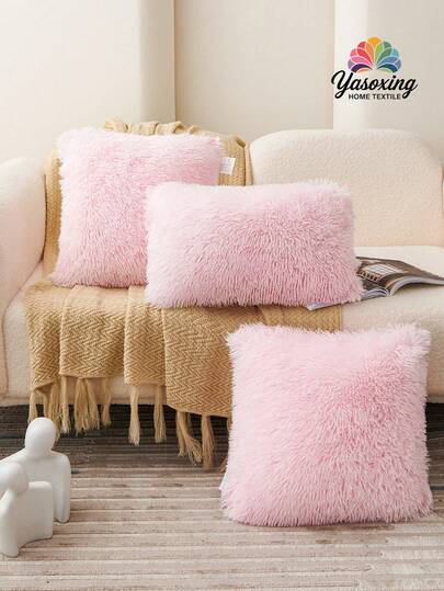 1 pieza Funda de cojín peluda rosa claro sin relleno, moderna funda decorativa de franela con cierre de cremallera para el hogar, para sofá, sala de estar