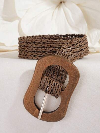 1pc Women Woven Fashion Belt With Wood Square Buckle For Dresses
