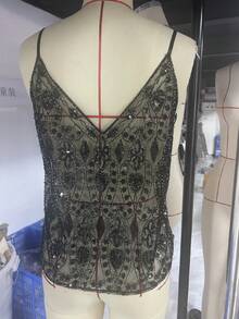 Women Semi See Through Sparkly Tank Top Sleeveless V Neck Floral Sequin Camisole Dance Rave Outfits - 黑色2 - 查看 10