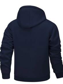 Men's Fashionable Lined Hooded Jacket - Warm And Comfortable Solid Color Zipper Autumn/Winter Casual Polyester Fiber Jacket With Drawstring Hooded, Cold Weather Clothing/Fashionable Hooded Jacket/Plush Lined Hooded Shirt  Winter    Regular Fit    Pocket  Zipper  Drawstring - 藍色 - 查看 3