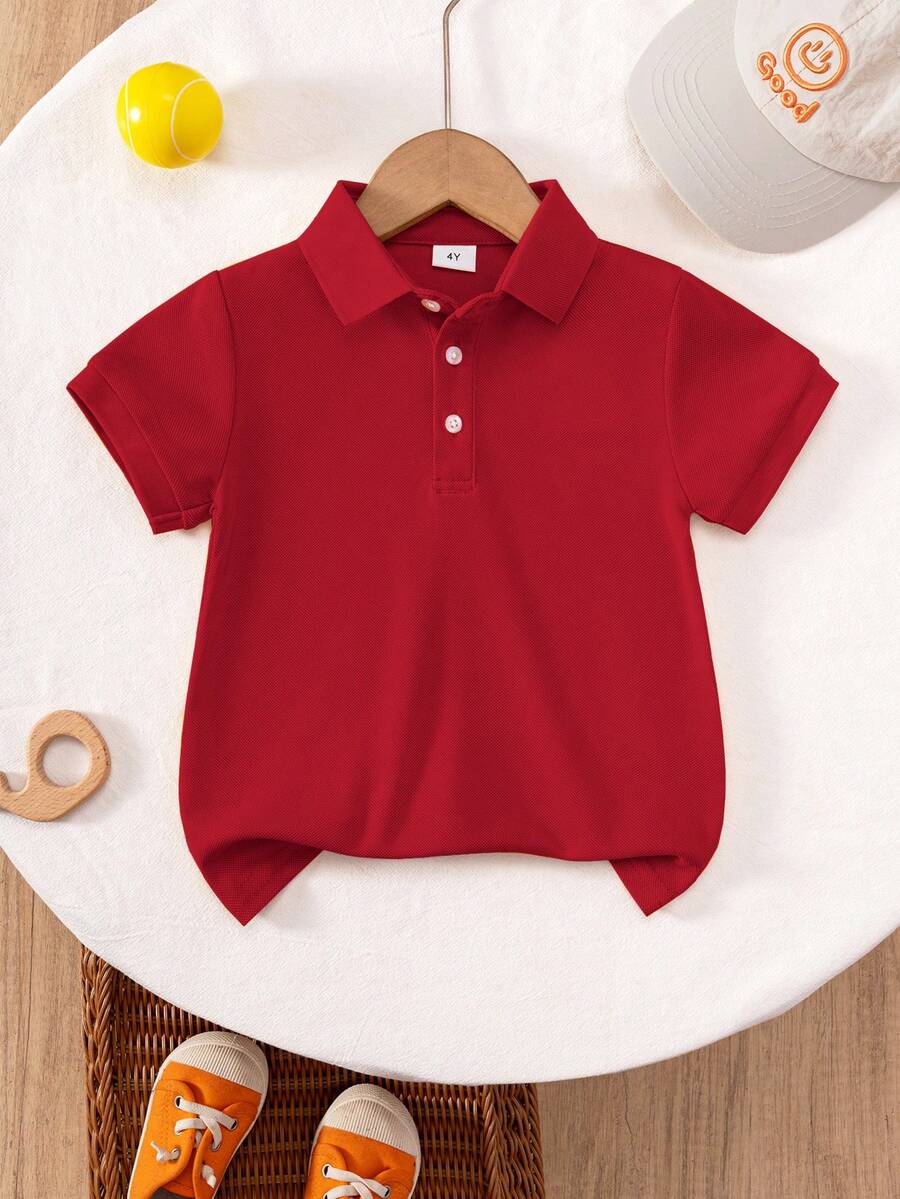 Camisa polo de manga corta de color rojo sólido clásico para niño, adecuada para salidas diarias, fiestas y eventos - Rojo - Ver 1