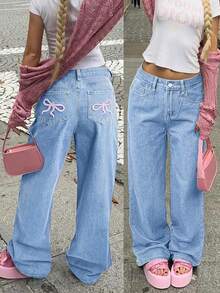 Mobula Sound#Versatile Fashion Casual Elegant Cute Pants For Spring/Summer, Suitable For Holiday, Daily, Birthday, Party, Formal Evening, Back To School, Singles Party, Travel, Stage And Concert, Tea Party, Airport, Made Of Denim, With Embroidery And Bow Design