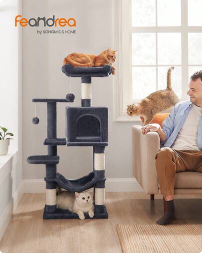  Feandrea Cat Tree, 112 Cm Cat Tower For Indoor Cats, Multi-Level Plush Cat Condo With 4 Scratching Posts, 2 Perches, Cave, Hammock, Pompoms, Smoky Grey