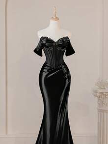 Chic Charming Off Shoulder Corset Sexy Split Thigh Prom Mermaid Evening Dress For Women, Elegant Wedding Black Spring Party - Black - View 7