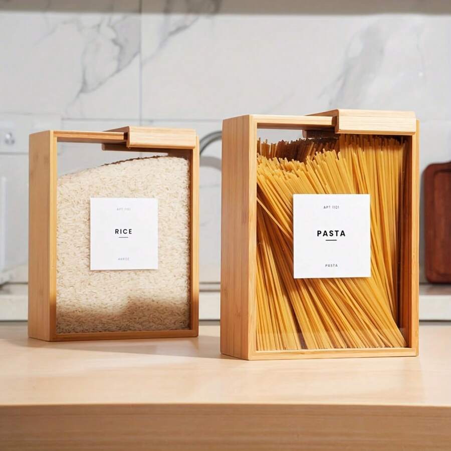 6pcs Bamboo Semi-Transparent Square Food Storage Jars, Ideal For Kitchen Organization And Food Storage. These Food Storage Jars And Grain Dispenser Are Designed For Food Storage And Organization, Suitable For Storing Grains, Rice, Flour, Snacks And Pasta.