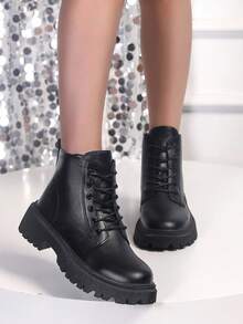 1 双女式圆头加大码 36-43 休闲靴，厚底黑色系带短筒秋冬时尚靴 - 黑色 - 查看 2