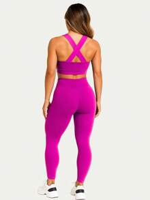Leggings And Top Set For Gym Fitness Walking Bodybuilding Smooth Suplex A01 - 玫紅色 - 查看 2