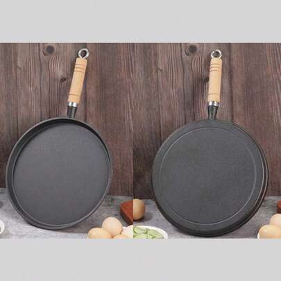 Cast Iron Round Skillet Griddle Cooking Pan Pre-Seasoned Frying Pan Wood Handle