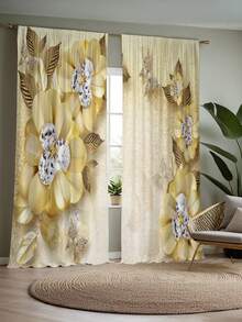 2pcs Elegant Yellow Floral High Definition Digital Print Curtains, Semi-Sheer Polyester Fabric With Rod Pocket Design - Suitable For Living Room, Bedroom, Kitchen, Cafe, Adding Style (Print Effect, No Valance) Single Layer Digital Print Curtain - Multicolor 1 - View 7