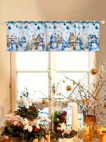 Cortina con tema navideño de 45*140cm, decoración de ventana - Cortina con patrón de pueblo nevado y muñeco de nieve de Navidad azul con bolsillo para barra, adecuada para cocina, dormitorio, oficina y decoración de sala de estar, material de poliéster, decoración navideña para todo el año