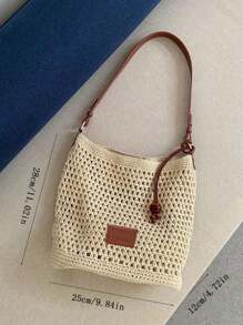 海滩度假编织托特包，2025新款镂空单肩包，大容量通勤购物手提包 - 米色 - 查看 2