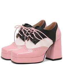 Women's Oxford Shoes Color-Block Heels Square Toe Platform Chunky Heels Lace-Up Mary Janes Shoes For Ladies New Year And Christmas Outfits - 粉色 - 查看 2