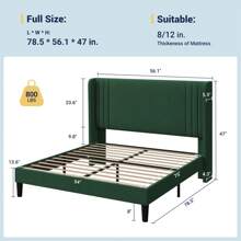 Allewie Full/Queen/King Size Velvet Platform Bed Frame With Vertical Tufted Wingback Headboard, Easy Assembly, Under Bed Storage, No Box Spring Required, Modern Style, Green - 綠色 - 查看 9