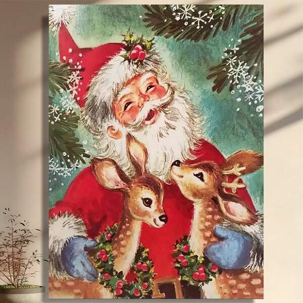 Framed Canvas 1pc Vintage-Inspired  Christmas Canvas Art - Smiling Santa & Cute Elk, Festive Decorations, Ideal Holiday Gift For Animal Lovers, Cozy Living Room, Bedroom, Home Office