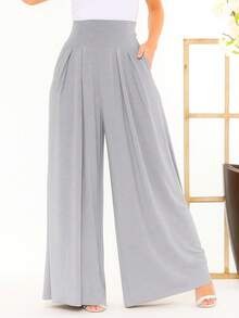 Wide-Leg, Loose-Fitting, Viscose-Blend, Wide-Waisted, High-Waisted, Pleated Pants - Gray Mix - View 1
