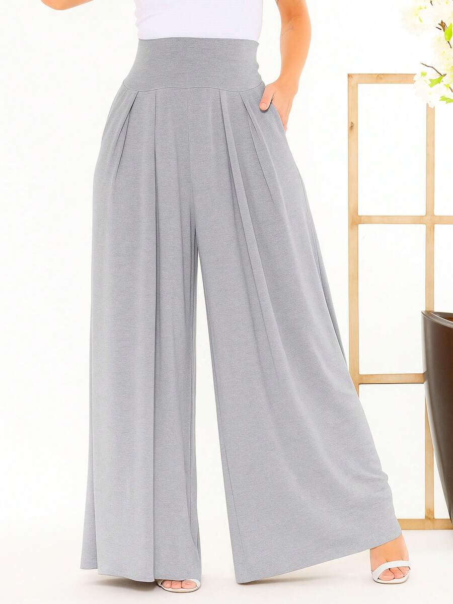 Wide-Leg, Loose-Fitting, Viscose-Blend, Wide-Waisted, High-Waisted, Pleated Pants - Gray Mix - View 1
