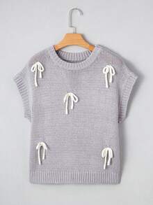 Acelitt 女士浅灰色休闲罗纹圆领短袖毛衣，饰有可爱蝴蝶结贴花，适合秋夏季穿着 - 灰色 - 查看 5