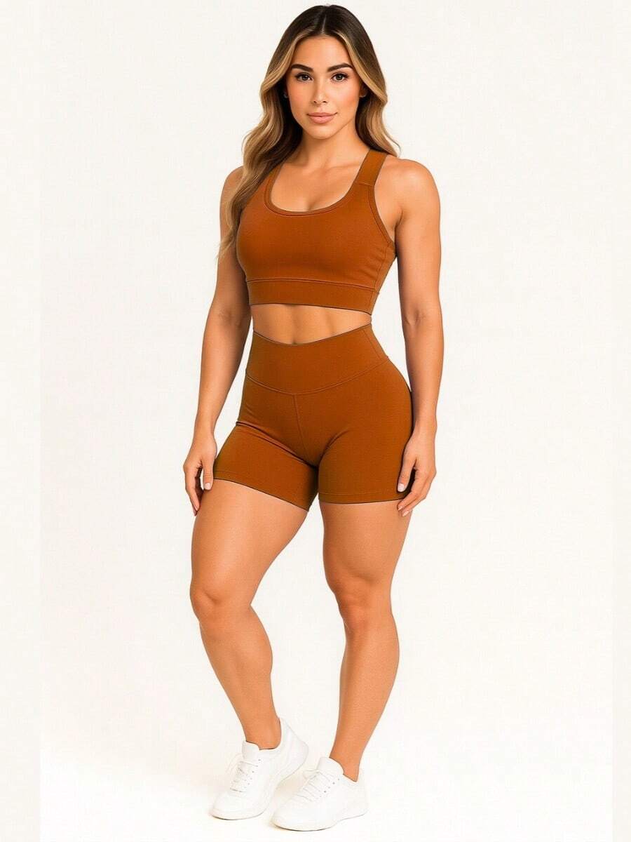 AKORIO MODAS Women's Fitness Fashion Top And Short Set Yoga Running A11 - 摩絲 - 查看 1