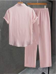 2-Piece Men's Summer Suit, Short Sleeve Stand Collar Shirt And Drawstring Pants, Non-Stretch Woven Fabric, Suitable For Daily Wear And Beach Vacation, Solid Color, Beach Vacation, Casual Suit, Men's Summer Clothes, Mens Clothes