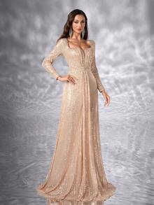 YISIKADO 女士正式晚礼服优雅奢华亮片闪亮甜心领口长袖高腰毕业婚礼宾客晚宴舞会礼服仪式主持人仪式庆典礼服高腰闪亮礼服