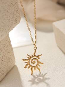 1pc Simple 18k Gold Plating Stainless Steel Sunburst Sun Ray Delicate Pendant Women Necklace Sprial Pendant Jewelry Collarbone Chain For Women Summer Wear