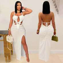 New Fashion Accessories C7407 Cross-Border   European And American Fashion Women's Sexy Knitted Neck And Backless Solid Color Dress - C7407-橘色 - 查看 5